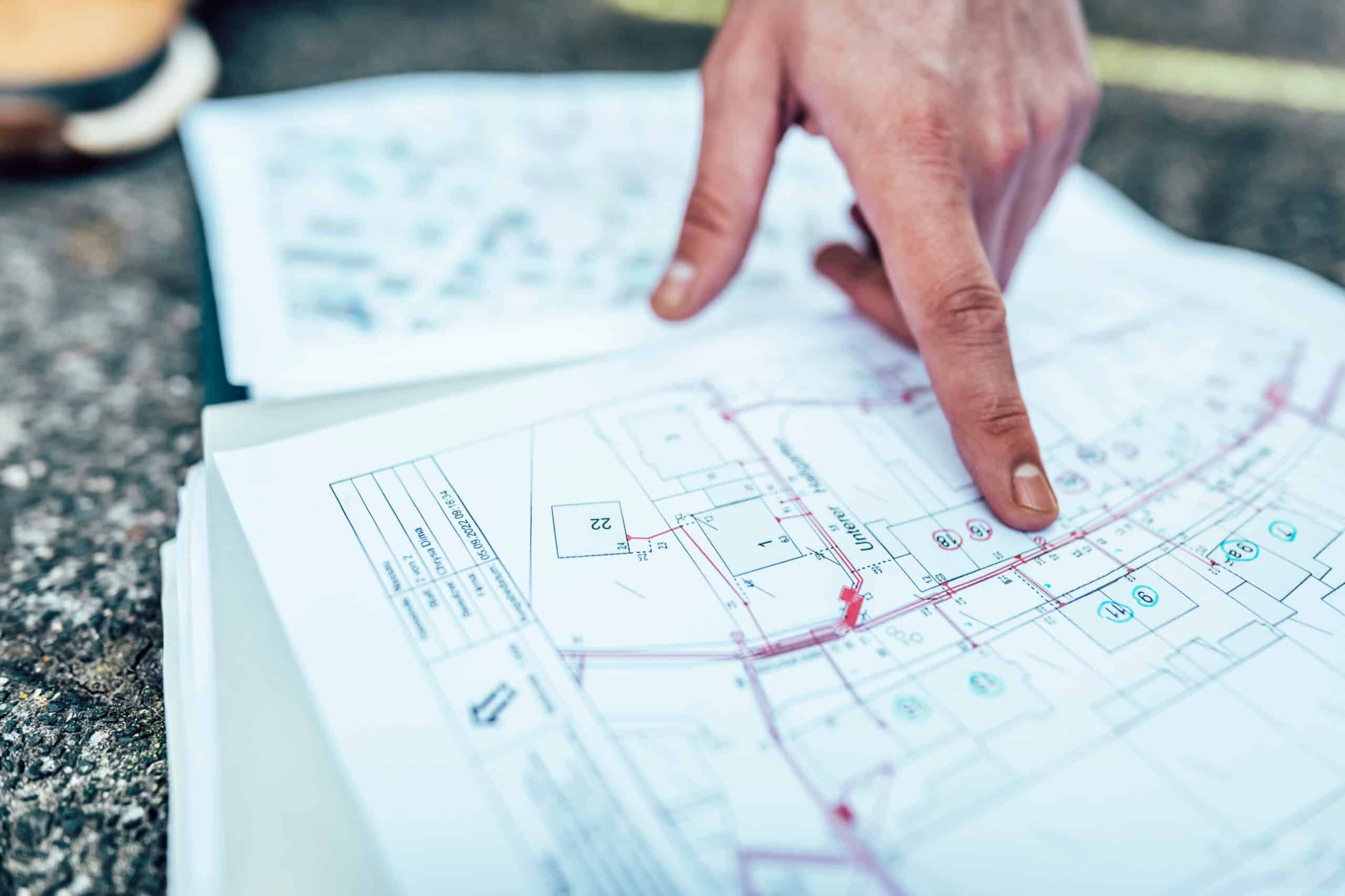 Detailaufnahme eines Plans zur Verlegung von Glasfaserleitungen, der die Infrastruktur von Unsere Grüne Glasfaser zeigt.