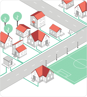 Glasfaseranschlüsse für nachhaltige Wohngebiete, dargestellt durch vernetzte Häuser und Infrastruktur.