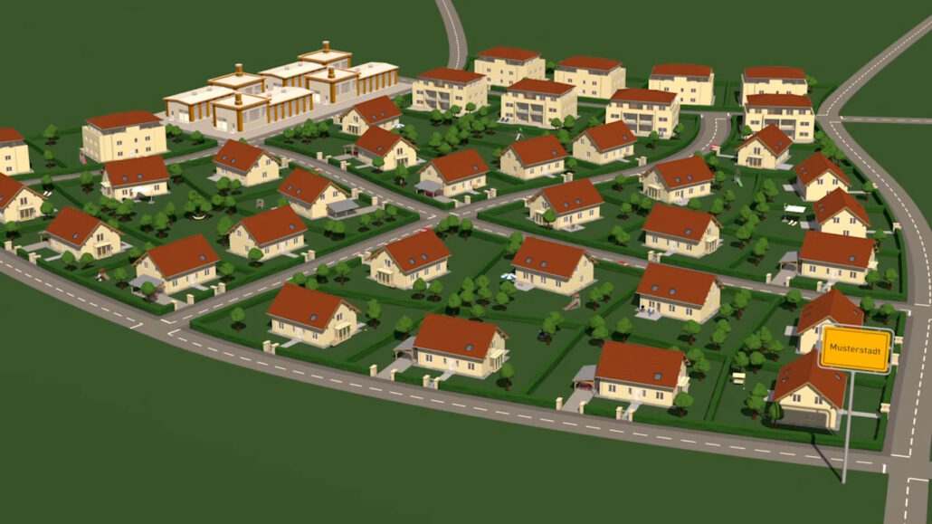 Moderne Wohnsiedlung in Musterstadt, ideal für schnelle Internetanbindungen mit Unsere Grüne Glasfaser.