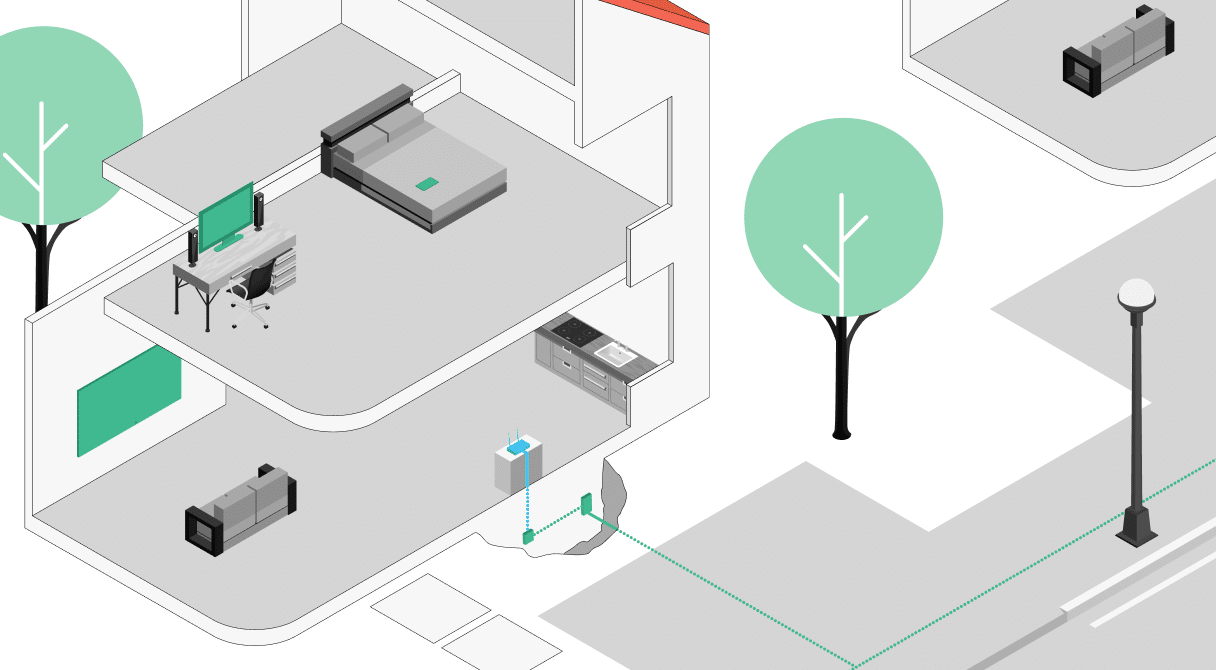 Visualisierung des Glasfaseranschlusses für modernes Wohnen mit Büro und Wohnraum, ideal für Unsere Grüne Glasfaser.