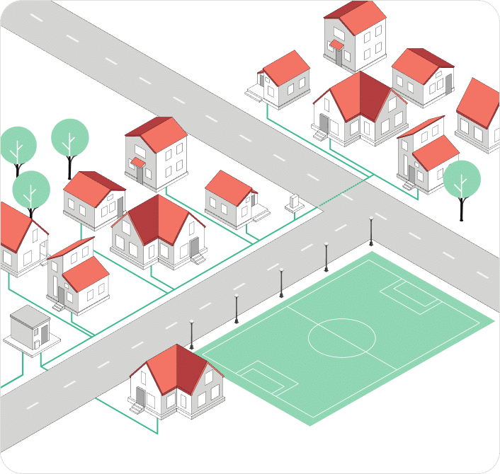 Netzwerkinfrastruktur für Glasfaseranschlüsse in Wohngebieten mit Straßen, Häusern und einem Fußballfeld.