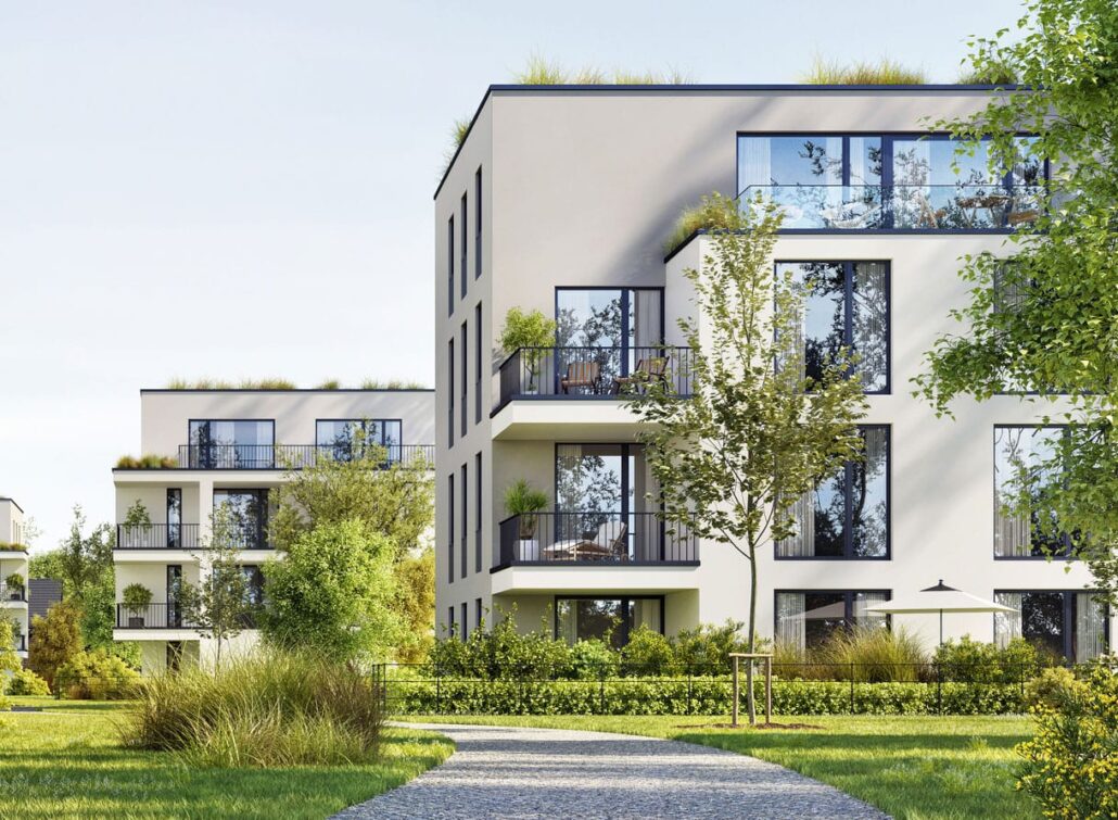 Moderne Wohnanlage mit grünen Balkonen und gepflegtem Garten, ideal für schnelles Internet von Unsere Grüne Glasfaser.