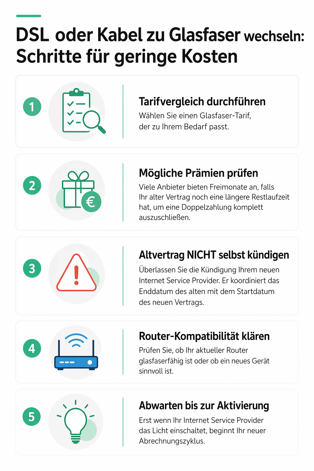 Glasfaser Kosten monatlich im Blick behalten: So gelingt der Wechsel von DSL oder Kabel zu Glasfaser ohne doppelte Kosten – mit Tarifvergleich, Anbieter‑Prämien, richtiger Kündigung und optimaler Router‑Wahl.